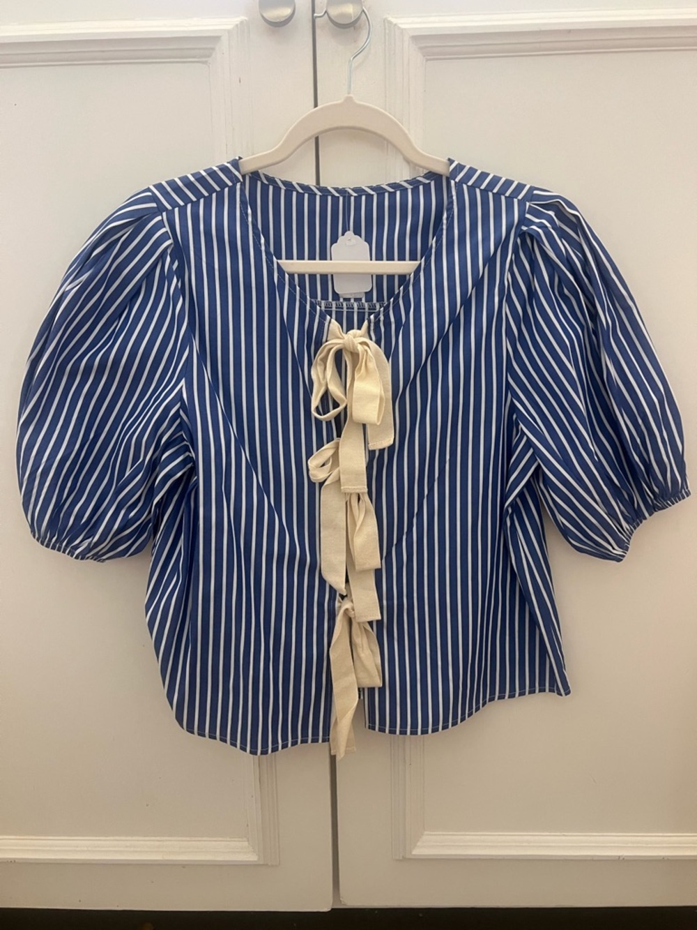 Blue Stripe Puff-Sleeve Tie-Front Top